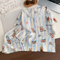 批发[黛琳芬]8码-18码泡泡棉<b class='q'>儿童</b><b class='q'>睡衣</b>套装夏印花卡通开衫家居服196