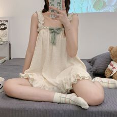 黛琳芬仿棉坑邹布2色吊带短裤女士睡衣蕾丝家居服女pajamas403