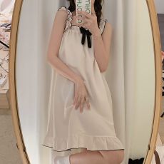 黛琳芬仿棉坑邹布2色吊带睡裙女士睡衣蕾丝家居服女pajamas403