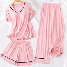 批发[黛琳芬]螺纹4色<b class='q'>三件套</b>短袖女士<b class='q'>睡衣</b>套装纯色家居服pajamas403