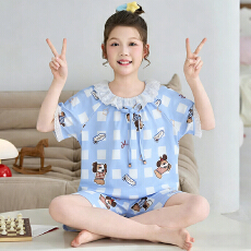 批发黛琳芬12-XXL仿棉短袖方领儿童睡衣公主风甜美<b class='q'>女童</b>家居<b class='q'>服</b>213