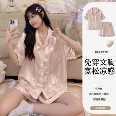批发黛琳芬-8款带胸垫冰丝短袖短裤女士<b class='q'>睡衣</b><b class='q'>套装</b>夏天仿真韩系家居服