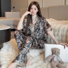 批发[黛琳芬]冰丝短袖长裤女士家居服套装印花14款外贸睡衣女批发409