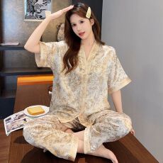 批发[黛琳芬]冰丝短袖长裤女士家居服套装印花14款外贸睡衣女批发409