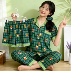 批发黛琳芬仿棉女士家居服韩系印花新款<b class='q'>短袖</b><b class='q'>睡衣</b>女三件套批发430