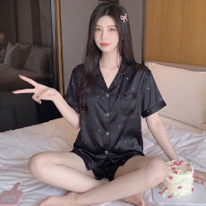 批发[黛琳芬]冰丝女士家居服韩系印花<b class='q'>短袖</b>仿真丝<b class='q'>睡衣</b>女两件套批发430