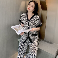 批发[黛琳芬]华尔棉女士家居服印花短袖长裤<b class='q'>外贸</b>加<b class='q'>大码</b>睡衣女两件套