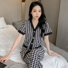 批发黛琳芬华尔棉女士家居服印花短袖长裤<b class='q'>外贸</b>加<b class='q'>大码</b>睡衣女两件套
