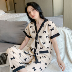 批发黛琳芬华尔棉女士家居服印花短袖长裤<b class='q'>外贸</b>加<b class='q'>大码</b>睡衣女两件套
