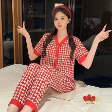 批发黛琳芬华尔棉女士家居服印花短袖长裤<b class='q'>外贸</b>加<b class='q'>大码</b>睡衣女两件套
