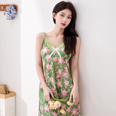 批发黛琳芬带胸垫<b class='q'>吊带</b><b class='q'>睡裙</b>女士睡衣服印花夏季凉感家居服女批发433