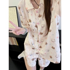 批发黛琳芬云朵棉女士睡衣服韩系印花新款翻领家居服女两件套批发