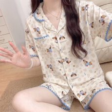 批发黛琳芬仿棉贝壳纹<b class='q'>女士</b>家居服韩系夏天印花睡衣短袖套装批发452