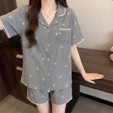 批发黛琳芬仿棉贝壳纹<b class='q'>女士</b>家居服韩系夏天印花睡衣短袖套装批发452