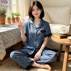 批发[黛琳芬]冰丝女士家居服韩系印花短袖仿<b class='q'>真丝</b><b class='q'>睡衣</b>女两件套批发456