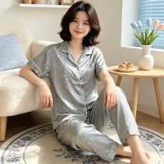 批发[黛琳芬]冰丝女士家居服韩系印花短袖仿<b class='q'>真丝</b><b class='q'>睡衣</b>女两件套批发456