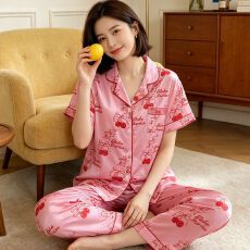 批发[黛琳芬]冰丝女士家居服韩系印花短袖仿<b class='q'>真丝</b><b class='q'>睡衣</b>女两件套批发456