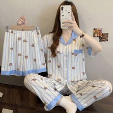 批发[黛琳芬]仿棉女士睡衣服韩系可外出印花少女ins新款三件套批发458