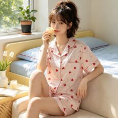 批发[黛琳芬]冰丝女士家居服韩系印花短袖仿<b class='q'>真丝</b><b class='q'>睡衣</b>女两件套批发458
