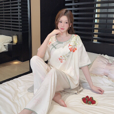 批发黛琳芬云朵棉女士睡衣家居服夏季新款半袖长裤国风印花套装批发
