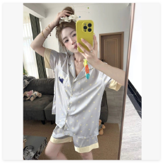 批发[黛琳芬]冰丝翻领睡衣女韩系少女夏季波点<b class='q'>印花</b>新款家居两件套458