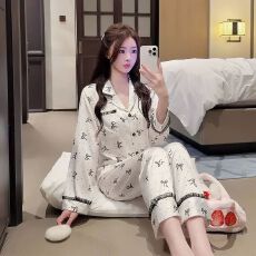 批发[黛琳芬]冰雪丝女士睡衣新款韩系春秋季印花高质感长袖家居服469