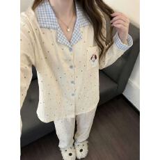 批发[黛琳芬]优质云朵棉印花长袖<b class='q'>女士</b>睡衣韩系春秋季网红翻领家居服