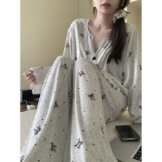 批发黛琳芬17款冰丝螺纹长袖长裤女士睡衣套装韩系印花薄款家居服
