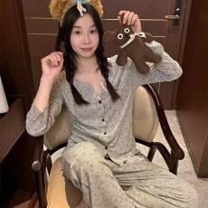 批发黛琳芬17款冰丝螺纹长袖长裤女士睡衣套装韩系印花薄款家居服