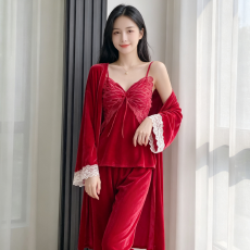批发4色<b class='q'>金丝</b>绒三件套睡衣<b class='q'>女</b>秋冬带胸垫法式宫廷风长袖蕾丝家居服套装