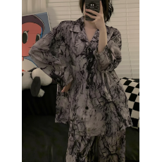 批发[黛琳芬]冰丝女士睡衣套装新款少女韩系春秋两件套印花长袖家居服