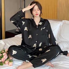 批发[黛琳芬]冰丝女士睡衣套装新款少女韩系春秋印花长袖长裤家居服