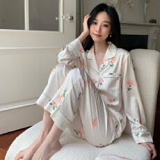 批发[黛琳芬]冰丝女士睡衣套装新款少女韩系春秋印花长袖长裤家居服