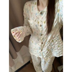批发[黛琳芬]网红翻领印花<b class='q'>女士</b>睡衣<b class='q'>套装</b>春秋季氛围感韩系风家居服薄款