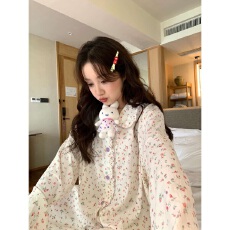 批发[黛琳芬]网红翻领印花<b class='q'>女士</b>睡衣<b class='q'>套装</b>春秋季氛围感韩系风家居服薄款