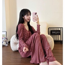 黛琳芬红色条纹睡衣女春秋季慵懒风长袖长裤家居服套装冰丝螺纹