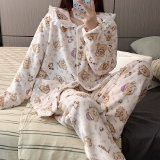 批发[黛琳芬法兰绒女士<b class='q'>睡衣</b>秋冬季保暖加厚<b class='q'>卡通</b>珊瑚绒翻领家居服