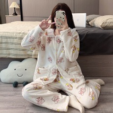 批发黛琳芬法兰绒女士<b class='q'>睡衣</b>秋冬季保暖加厚<b class='q'>卡通</b>珊瑚绒翻领家居服