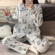 批发黛琳芬法兰绒女士<b class='q'>睡衣</b>秋冬季保暖加厚<b class='q'>卡通</b>珊瑚绒翻领家居服