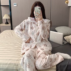 批发黛琳芬法兰绒女士<b class='q'>睡衣</b>秋冬季保暖加厚<b class='q'>卡通</b>珊瑚绒翻领家居服