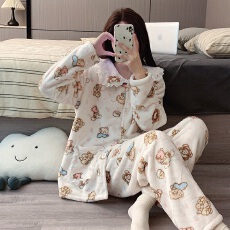 批发黛琳芬法兰绒女士<b class='q'>睡衣</b>秋冬季保暖加厚<b class='q'>卡通</b>珊瑚绒翻领家居服
