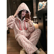黛琳芬长毛绒连帽女士睡衣秋冬季保暖卡通珊瑚绒家居服