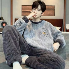 批发黛琳芬绣花法兰绒加绒加厚<b class='q'>男</b>士<b class='q'>睡衣</b>套装休闲珊瑚绒秋冬季家居服