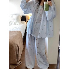 批发[黛琳芬]可爱卡通蓝色印花樱桃<b class='q'>女士</b>睡衣套装云朵棉春秋新品家居服