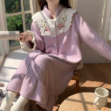 批发[黛琳芬]半边绒国风睡袍中长款睡袍秋冬保暖韩系风珊瑚绒家居服