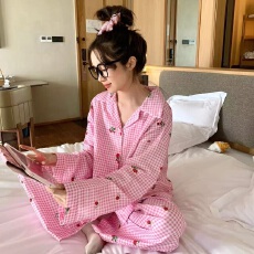 黛琳芬小樱桃翻领长袖长裤女士睡衣甜美系风少女家居服两件套