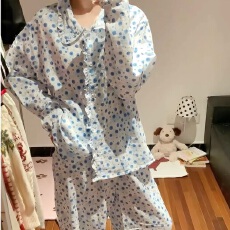 批发[黛琳芬]蓝色娃娃领长袖仿棉女士睡衣套装春秋网红印花薄款家居服