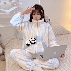 批发黛琳芬法兰绒带眼罩睡衣女拉链高领韩系秋冬加厚保暖家居<b class='q'>服</b>外穿