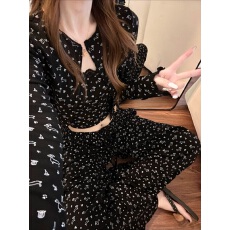 批发[黛琳芬]仿棉开衫款长袖女士睡衣套装春秋薄款韩系印花少女家居服