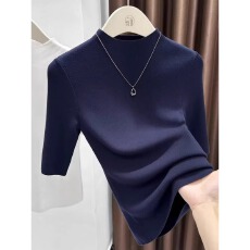 批发<b class='q'>气质</b>小立领中袖针织打底衫女秋季轻熟高级感修身上衣内搭